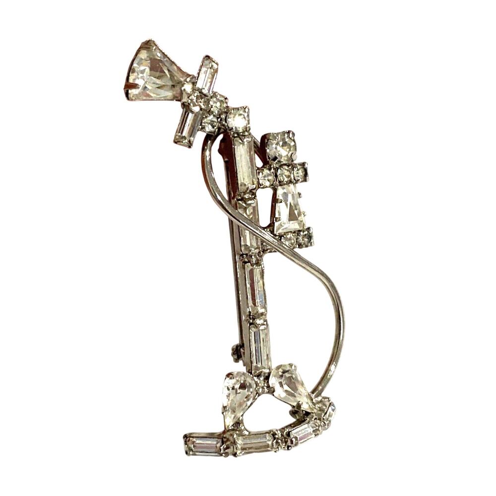 Vintage brooch silvertone and clear white rhinestone antique stick telephone pin - Picture 6 of 9